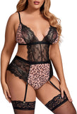 Plus Size Lingerie for Women Sexy Lingerie Leopard Mesh One-Piece Teddy Black Bodysuit with Garter Belts