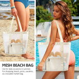 Mesh Beach Bag Rope Handles, Mesh Tote Bag for Women Contains Wicker Oversized Beach Tote Bag (Beige）