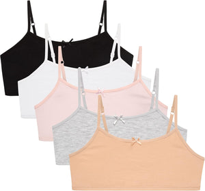 Girls Training Bras - 5 Pack Soft Stretch Cotton Bra, Cami Style Girls Underwear with Adjustable Straps (7-14)