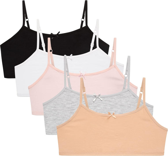 Girls Training Bras - 5 Pack Soft Stretch Cotton Bra, Cami Style Girls Underwear with Adjustable Straps (7-14)