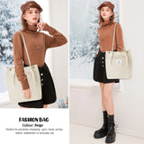 2PCS Corduroy Tote Bag for Women Aesthetic Shoulder Handbags School Shopping Bag (Black + Beige)