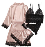 Robes for Women Satin Silk Pajamas Set 4Pcs Lace Trim Cami Sexy Lingerie Sleepwear Underwear