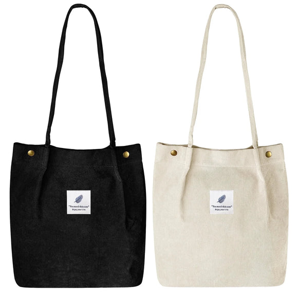 2PCS Corduroy Tote Bag for Women Aesthetic Shoulder Handbags School Shopping Bag (Black + Beige)