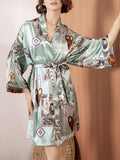 Women Vintage Style Print Long Sleeve Faux Silk Cozy Home Sleepwear Robes - Presidential Brand (R)