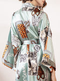 Women Vintage Style Print Long Sleeve Faux Silk Cozy Home Sleepwear Robes - Presidential Brand (R)