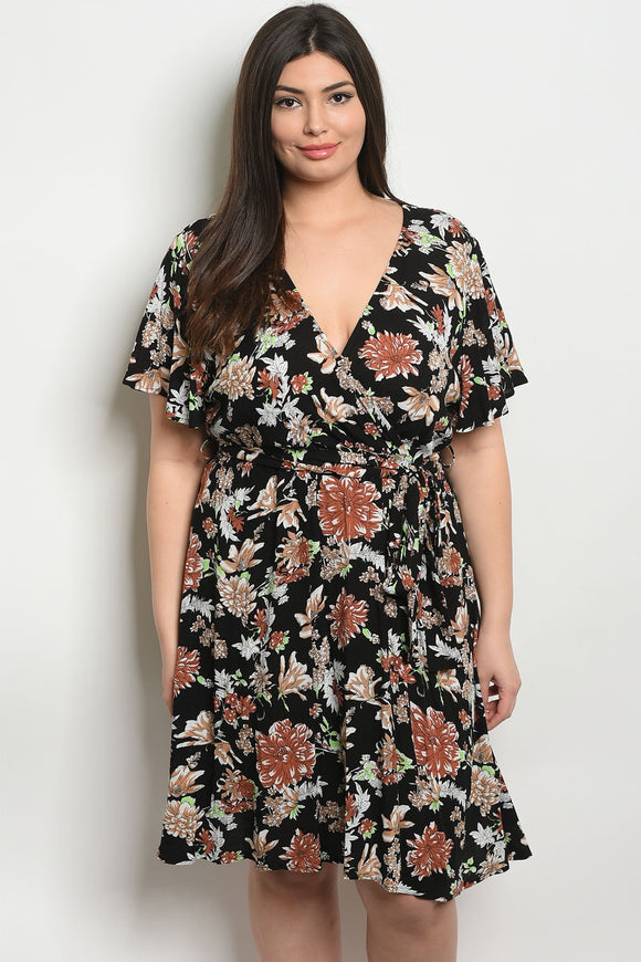 Women's Plus Size Black Floral Short Sleeve V-Neck Floral Wrap Style Dress(6 pcs/ Bundle) - Presidential Brand (R)