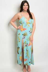 Women's Plus Size Aqua Yellow Print Midi Dress V-Neck Side Slits Along (6 pcs/ Bundle) - Presidential Brand (R)