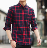 Mens Long Sleeve Checkered Cotton Shirt in Beige - Presidential Brand (R)