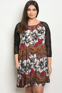 Women's Plus Size Burgundy Floral 3/4 Sleeve Scoop Neck Printed Tunic Dress(6 pcs/ Bundle) - Presidential Brand (R)