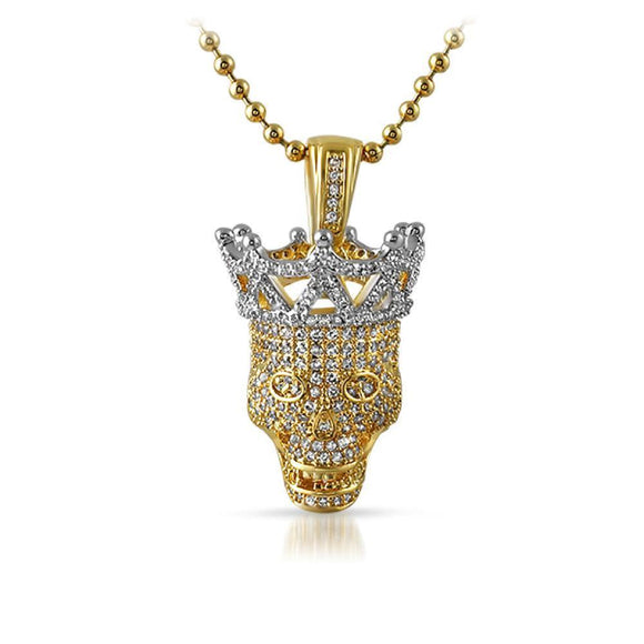 3D Hip Hop Skull CZ Pendant Gold with Silver Crown - Presidential Brand (R)