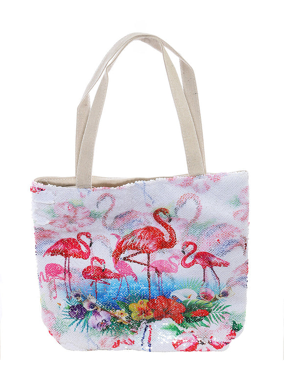 FLAMINGO FLOWER PRINT SEQUIN BEACH TOTE - Presidential Brand (R)