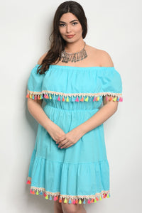 Women's Plus Size Aqua Short Sleeve Off The Shoulder Pom Pom Trim Tunic Dress (6 pcs/ Bundle) - Presidential Brand (R)