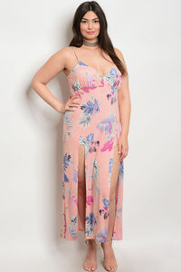 Women's Plus Size Pink Floral Print Midi Dress V-Neck Side Slits Along (6 pcs/ Bundle) - Presidential Brand (R)