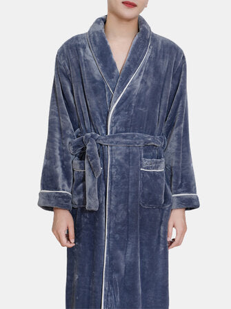 Mens Flannel Lapel Double Pocket Warm Belted Robes With Contrast Binding - Presidential Brand (R)