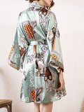 Women Vintage Style Print Long Sleeve Faux Silk Cozy Home Sleepwear Robes - Presidential Brand (R)