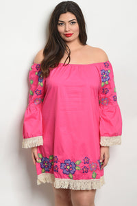 Women's Plus Size Fuchsia Long Sleeve Off The Shoulder Embroidery Tunic Dress(6 pcs/ Bundle) - Presidential Brand (R)