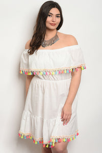 Women's Plus Size Off White Short Sleeve Off The Shoulder Pom Pom Trim Tunic Dress (6 pcs/ Bundle) - Presidential Brand (R)
