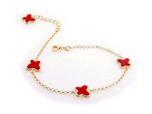 Red Coral Butterfly Charms Bracelet in Gold Plating, 7" + 1" Extender - Presidential Brand (R)