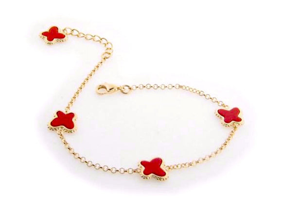 Red Coral Butterfly Charms Bracelet in Gold Plating, 7