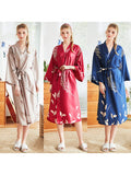 Red Long Sleeve Floral Bridal Silk Kimono Nightgown Robes - Presidential Brand (R)