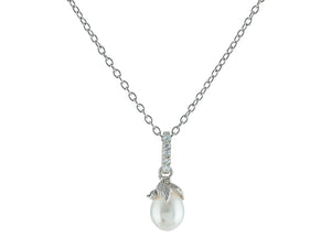 Rhodium Pl Sterling Silver Freshwater Rice Pearl Flower Bulb Earrings and Necklace Set - Presidential Brand (R)