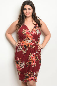 Women's Plus Size Burgundy Floral Sleeveless V-Neck Floral Bodycon Dress(6 pcs/ Bundle) - Presidential Brand (R)