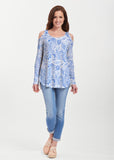 Aquatic Floral Blue (7619) ~ Cold Shoulder Tunic - Presidential Brand (R)