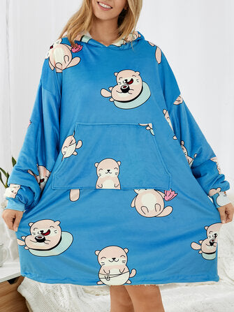 Women Cartoon Print Oversized Kangaroo Pocket Fleece Lined Blanket Hoodie Sleepwear Robes - Presidential Brand (R)