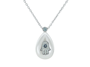 Sterling Silver Mother of Pearl Hamsa Drop Pendant Necklace | Length: 15.5 - 17.5 Inches - Presidential Brand (R)