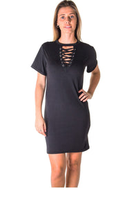 Ladies fashion knit bodycon v neck lace up mini dress - Presidential Brand (R)