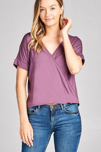 Ladies fashion short sleeve surplice v-neck rayon spandex crepe top - Presidential Brand (R)