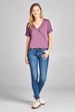 Ladies fashion short sleeve surplice v-neck rayon spandex crepe top - Presidential Brand (R)