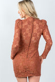 Ladies fashion toffee all floral lace gathered shoulder mini dress - Presidential Brand (R)