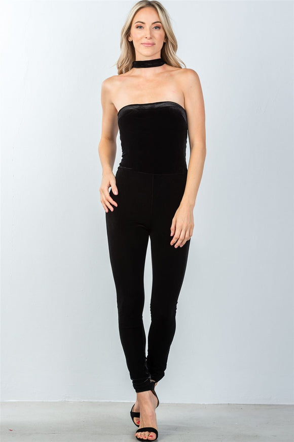 Ladies fashion zipper race back closure velvet choker jumpsuit - Presidential Brand (R)