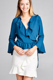 Ladies fashion 3/4 bell sleeve wrap w/ruffle side tie closure flare bottom wool dobby woven top - Presidential Brand (R)