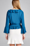 Ladies fashion 3/4 bell sleeve wrap w/ruffle side tie closure flare bottom wool dobby woven top - Presidential Brand (R)