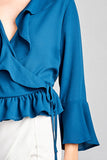 Ladies fashion 3/4 bell sleeve wrap w/ruffle side tie closure flare bottom wool dobby woven top - Presidential Brand (R)