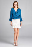 Ladies fashion 3/4 bell sleeve wrap w/ruffle side tie closure flare bottom wool dobby woven top - Presidential Brand (R)