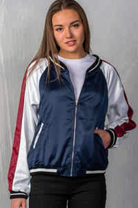 Ladies fashion navy "brunch" embroidered bomber color-block jacket - Presidential Brand (R)