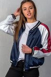 Ladies fashion navy "brunch" embroidered bomber color-block jacket - Presidential Brand (R)