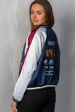 Ladies fashion navy "brunch" embroidered bomber color-block jacket - Presidential Brand (R)