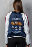Ladies fashion navy "brunch" embroidered bomber color-block jacket - Presidential Brand (R)