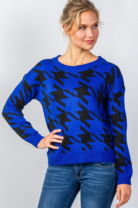 Ladies fashion round neckline geo print color block knit sweater - Presidential Brand (R)
