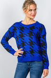 Ladies fashion round neckline geo print color block knit sweater - Presidential Brand (R)
