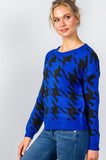 Ladies fashion round neckline geo print color block knit sweater - Presidential Brand (R)