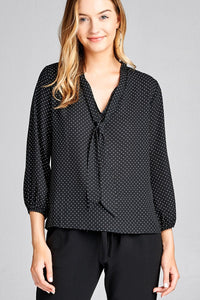 Ladies fashion 3/4 sleeve self bow tie neck back keyhole dot print woven top - Presidential Brand (R)