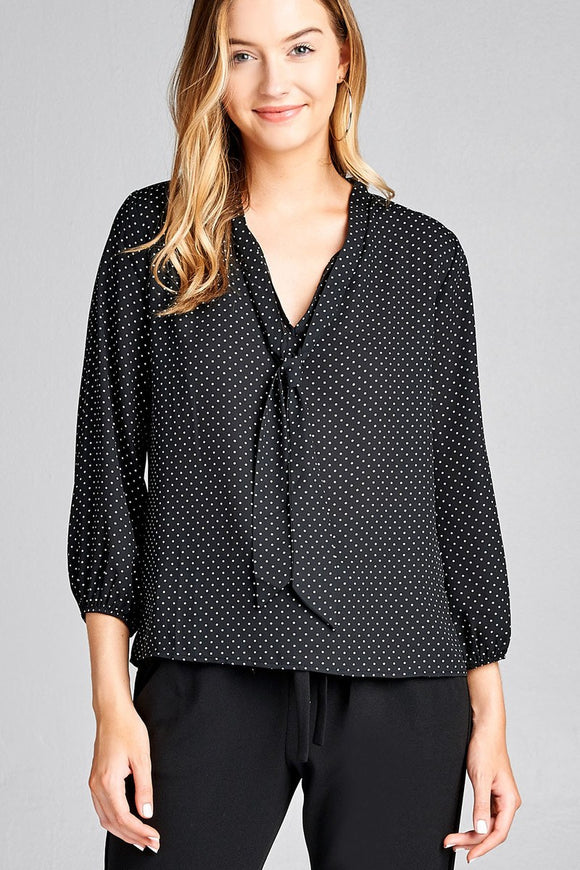 Ladies fashion 3/4 sleeve self bow tie neck back keyhole dot print woven top - Presidential Brand (R)