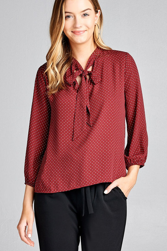 Ladies fashion 3/4 sleeve self bow tie neck back keyhole dot print woven top - Presidential Brand (R)