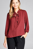 Ladies fashion 3/4 sleeve self bow tie neck back keyhole dot print woven top - Presidential Brand (R)