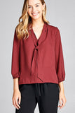 Ladies fashion 3/4 sleeve self bow tie neck back keyhole dot print woven top - Presidential Brand (R)